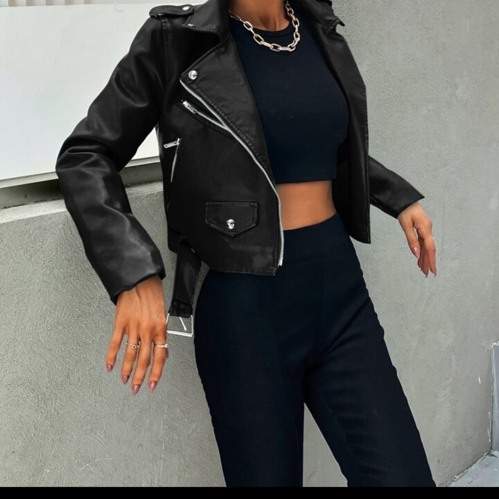 SHEIN Essnce Zip Up Belted PU Leather Moto Jacket